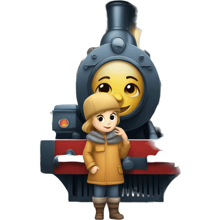 A small Russian child with a locomotive near the Christmas tree emoji