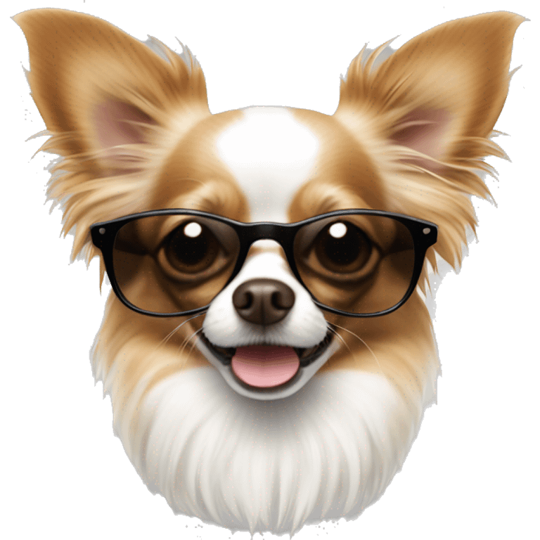 Long haired chihuahua white with reddish brown with black sunglasses emoji