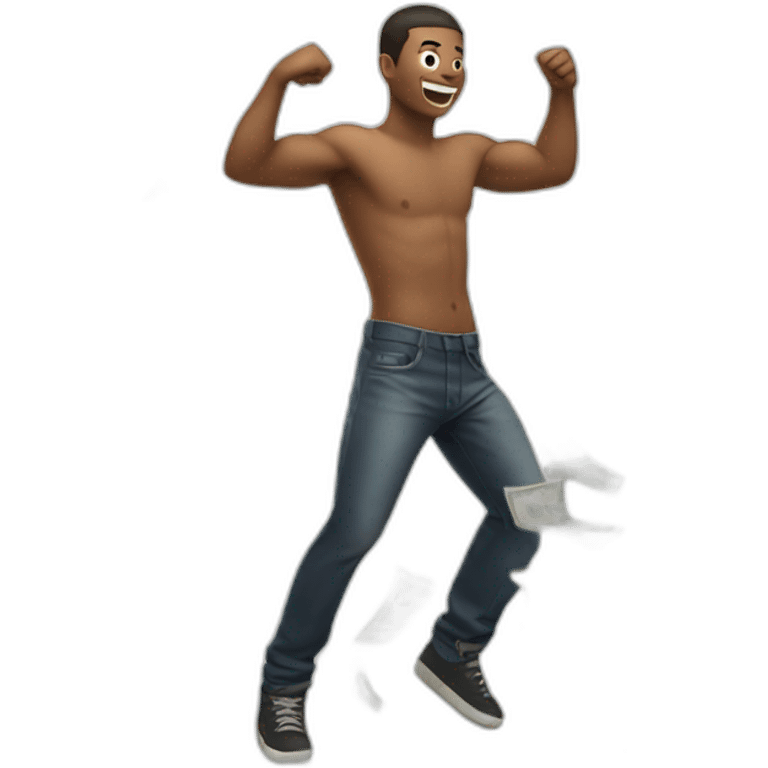 Shirtless guy dancing under raining money  emoji