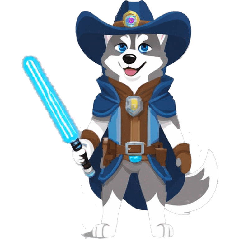 Gray Siberian Husky with blue eyes puppy wearing a cowboy hat dressed in Jedi clothing Holding a Lightsaber with the Paw emoji