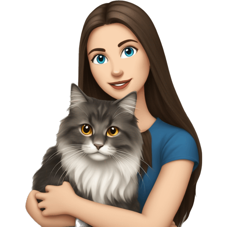 long straight haired blue eyed brunette woman holding norwegian forest cat with amber eyes emoji