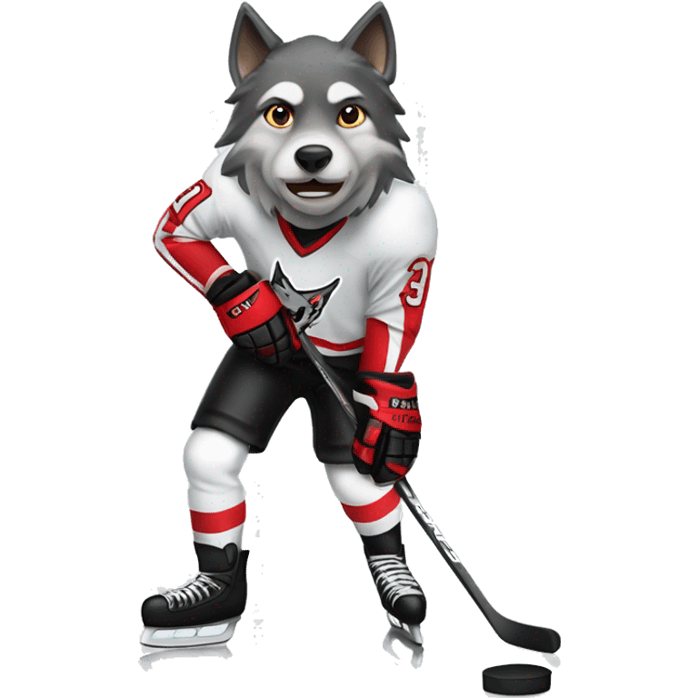 A wolf hockey player in a white red and black uniform holds a puck emoji