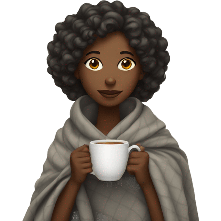 a black girl with curly hair wrapped in a blanket with a cup of tea emoji