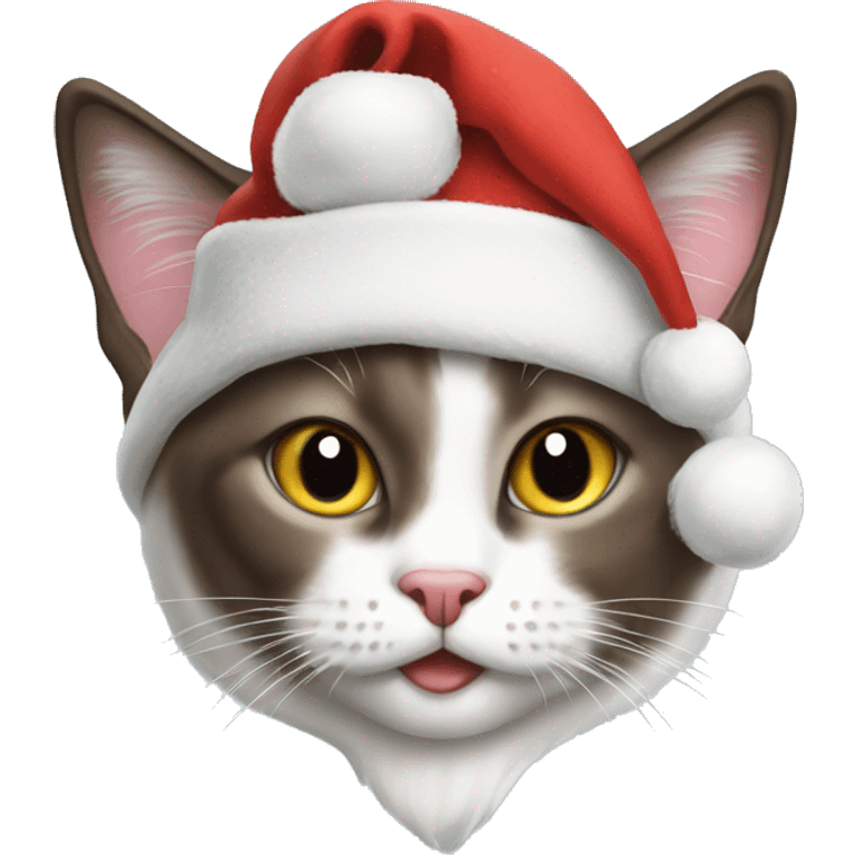 Snowshoe cat wearing a Christmas hat emoji