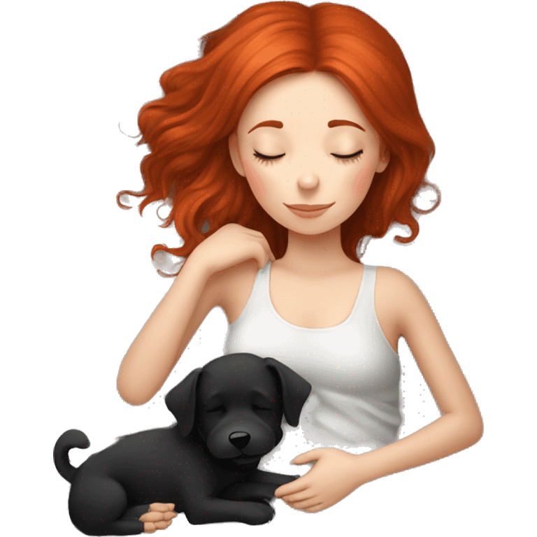 Red hair girl sleep with her maltese black dog emoji