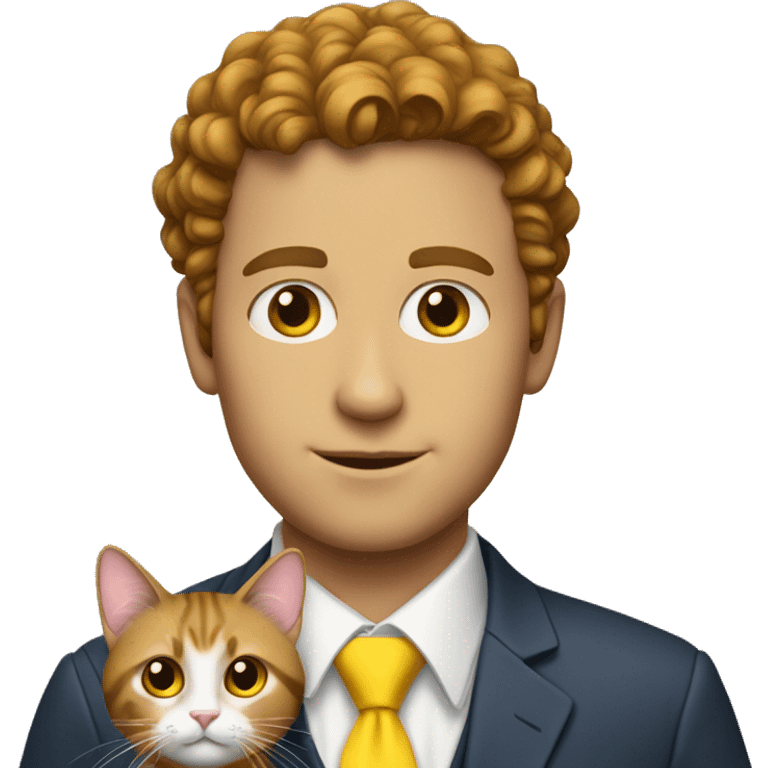 White man with brown curly hair wearing a yellow tie holding a cat emoji