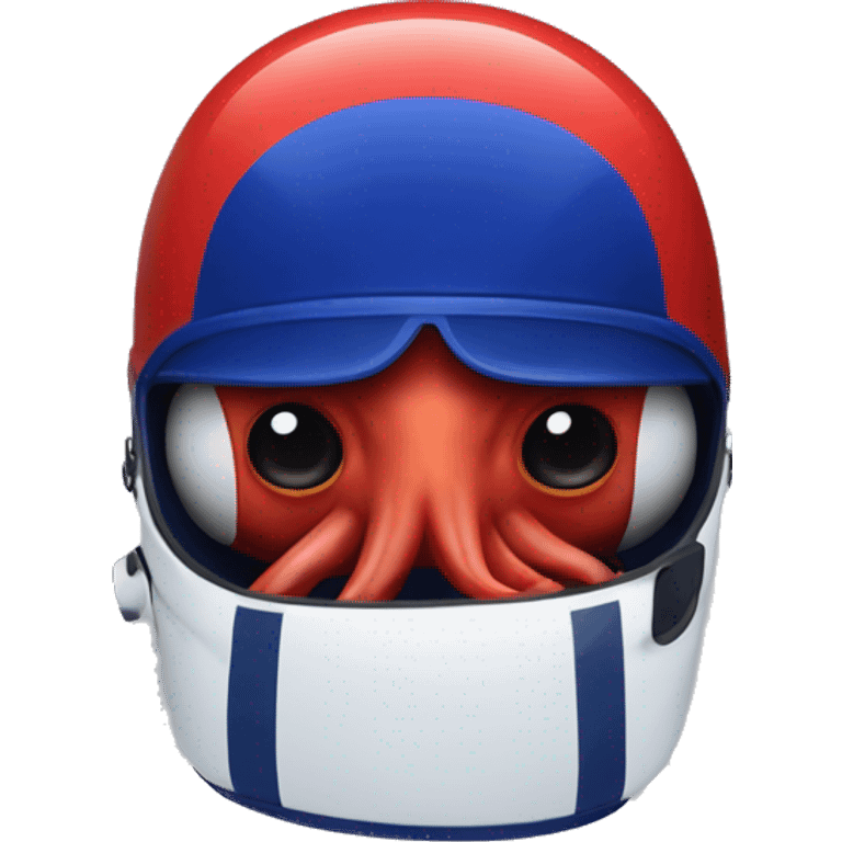 Red octopus with royal blue racing helmet with a white thick stripe vertically in the middle accross the helmet and navy blue visor emoji