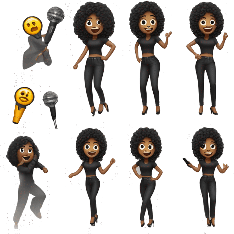 mulher pequena,  de calça preta e blusa preta com detalhe prateado ,cabelo longo preto, dançando e cantando com o microfone na mão escrito Alê emoji