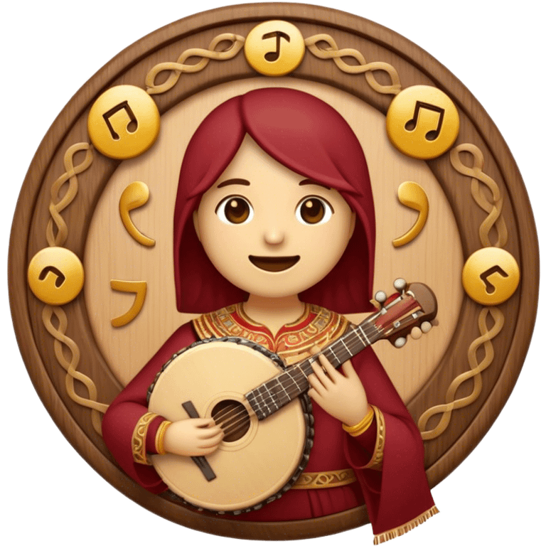 Create a warm and authentic emoji representing folk singing. The design should feature a traditional folk microphone at the center, surrounded by classic instruments such as a bayan (button accordion), gusli (a traditional Russian zither), and a tambourine. Arrange these instruments in a harmonious, circular pattern to evoke a sense of folk music and community performance. Use natural, earthy colors like wood brown, deep red, and golden accents to reflect the rustic and heartfelt spirit of folk music. Add subtle musical notes to the background to convey the rhythm and harmony of the performance. The background should be transparent. emoji