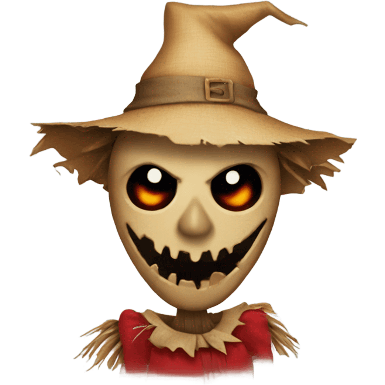 A relatively scary scarecrow wearing a red dress and winking one eye emoji