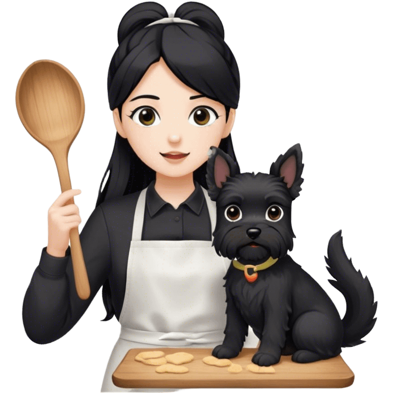 pale girl with long black hair wearing black long sleeve tshirt wearing apron and baking holding black floppy ear schnauzer no tail emoji