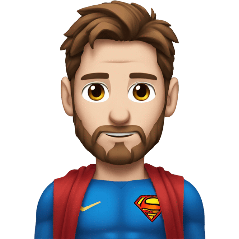 Messi with blue eyes, with a goat, redish brownish hair redish beard, blue eyes, dressed as superman emoji