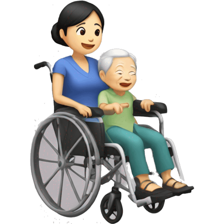 asian girl pushing grandma in wheelchair emoji