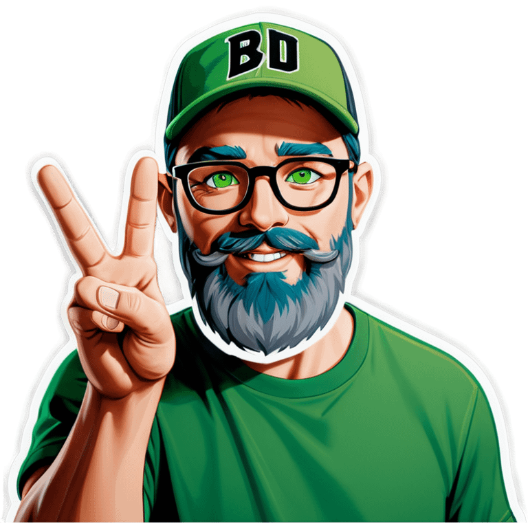 A bold man with a grey baseball cap, green eyes, big beard and glasses, waving  emoji