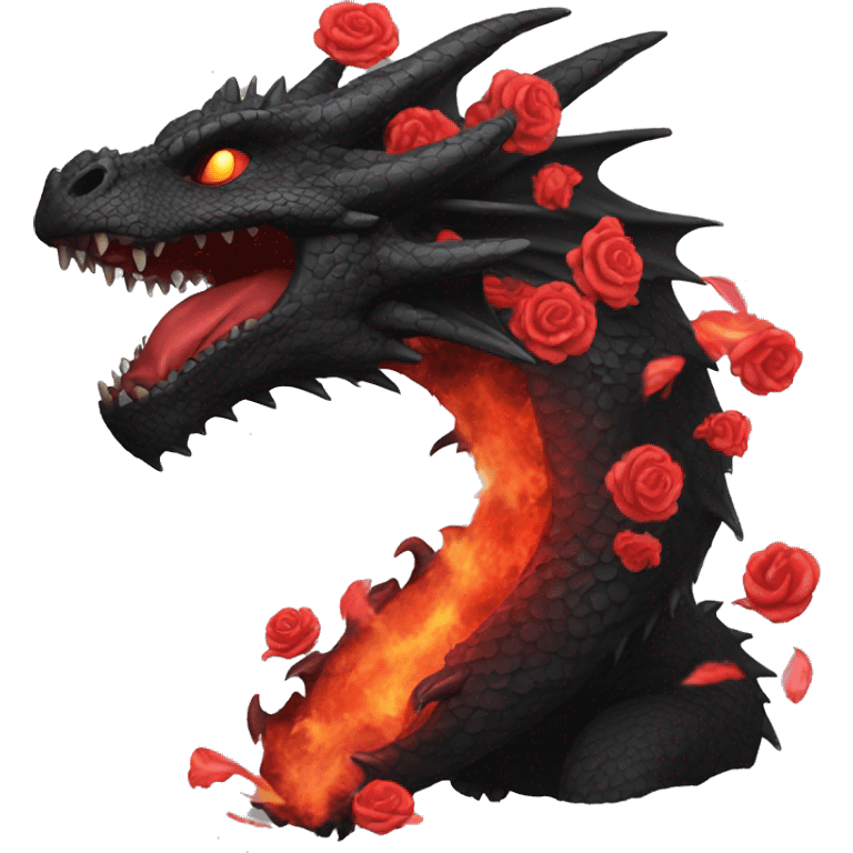 Black dragon breathing red flames, covered in thorned roses emoji