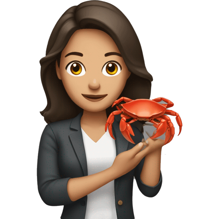 Brunette woman holding a crab emoji