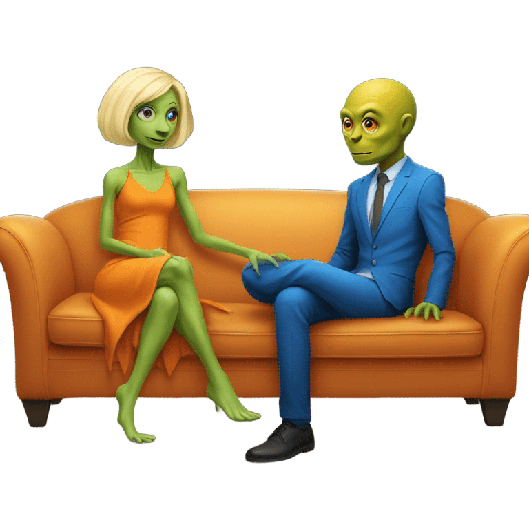 blonde alien reptilian woman in orange dress and humman man in blue, sitting on a couch  emoji