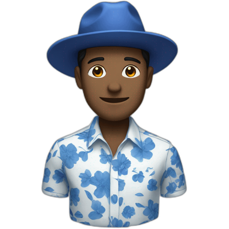 White Man with black hair, strip blue flowered shirt, brown hat emoji