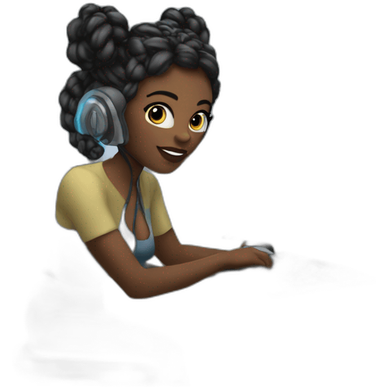 A black woman with space buns behind a computer screen, working in the field of technology emoji