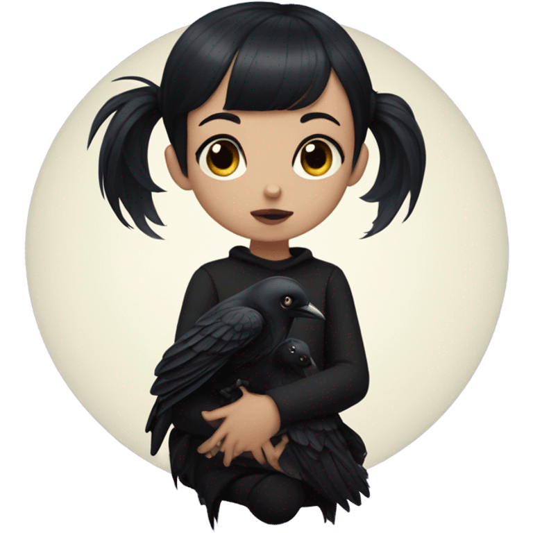 goth girl with black short hair and baby bangs with a black raven sitting on a shoulde  emoji