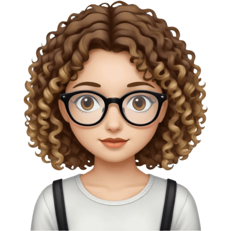 Girl with black glasses and sligh smile with brown curly hair with blond highlights in a cute outfit  emoji