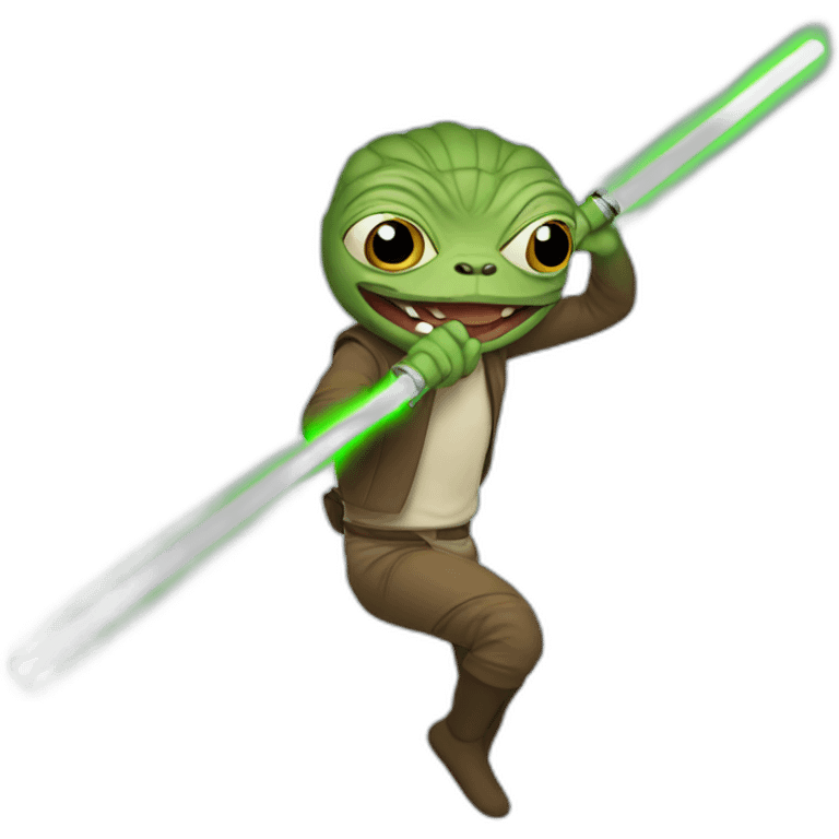 Pepe jumping with large lightsaber emoji