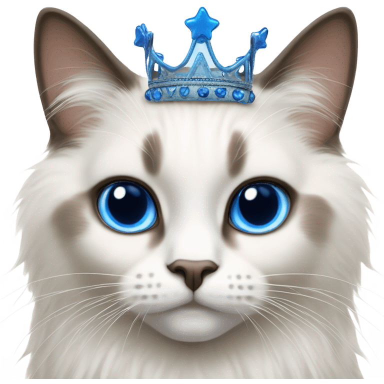 Realistic ragdoll cat with blue eyes wearing crown emoji