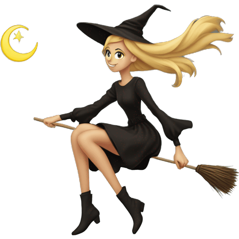 Slender sensual young Witch with waistlong brown and blonde hair, silhuette on broom flying in sky emoji