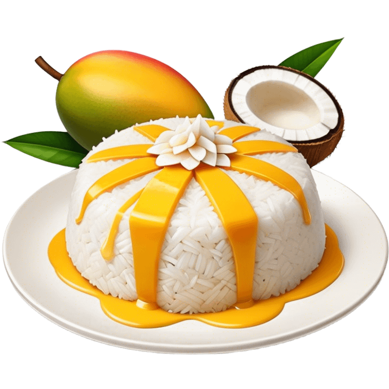 Mango Sticky Rice Cinematic Realistic Mango Sticky Rice Dessert Emoji, depicted as sticky rice drizzled with coconut milk topped with a layer of coconut cream, accompanied by sliced mango on the side of the plate, rendered with vivid textures and warm, tropical lighting. emoji