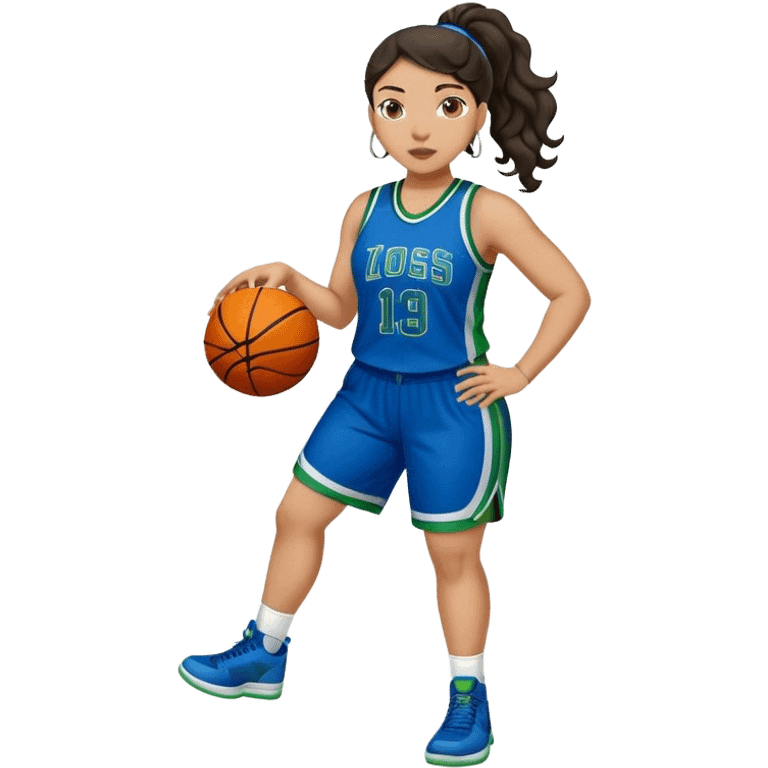 full body plus size light skin  latino women basketball player with wavy dark hair in pony tail wide nose wearing blue uniform with green accent emoji