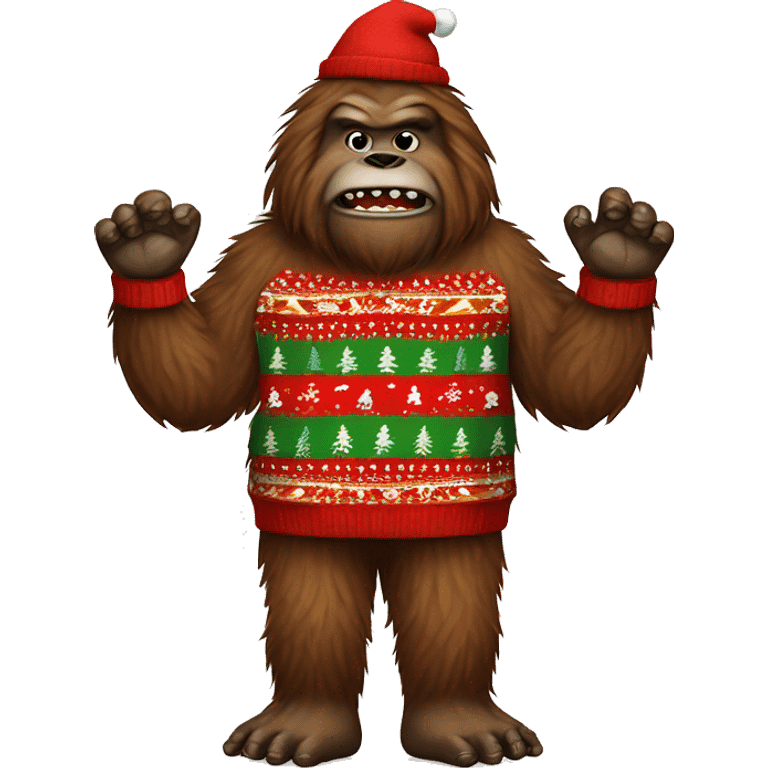 Bigfoot wearing an ugly christmas sweater emoji