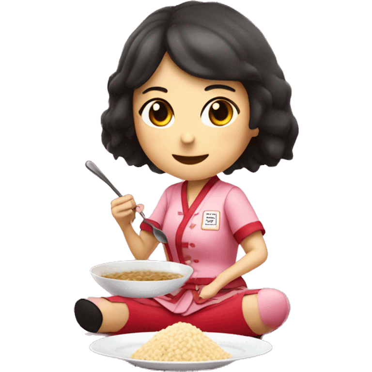 Women eating risotto with a spoon on tea wearing pink uniform with japanese kanji and wearing a red big shoes emoji