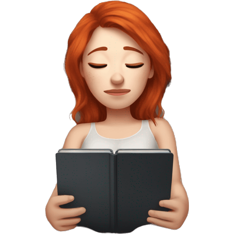 Tired girl with red hair in bed with kindle emoji