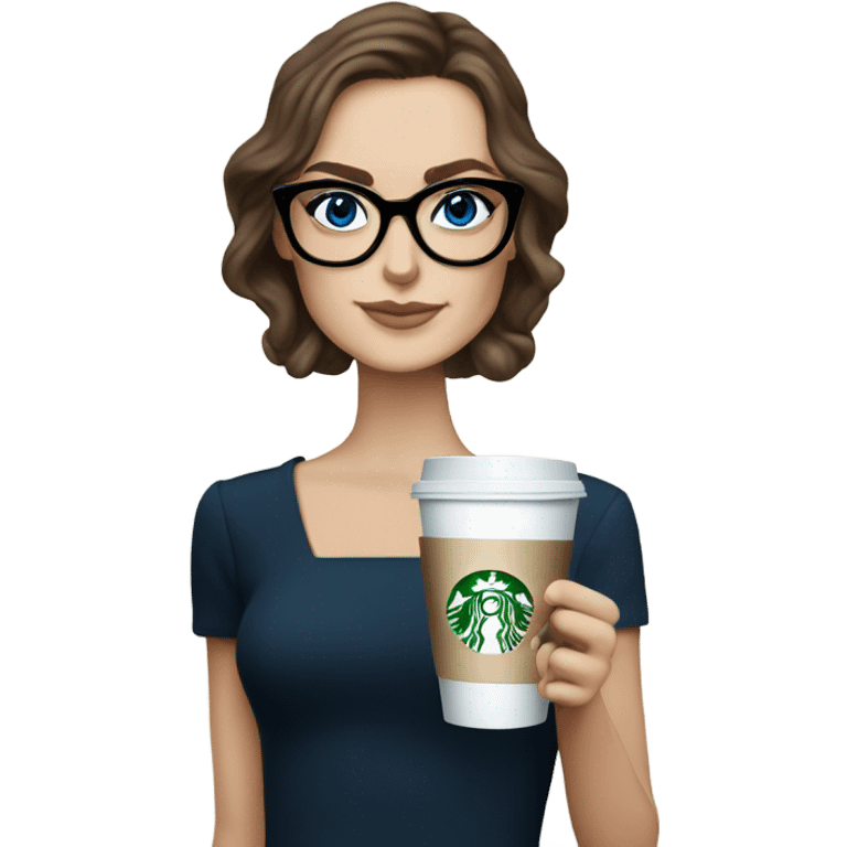 Photo of elegant Keira Knightly wearing black glasses and blue eyes holding Starbucks  emoji