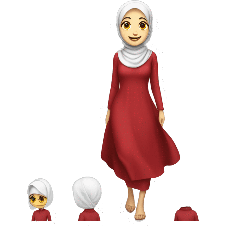 hijab woman, beautiful red dress, smile, white skin, full-body (slim) emoji