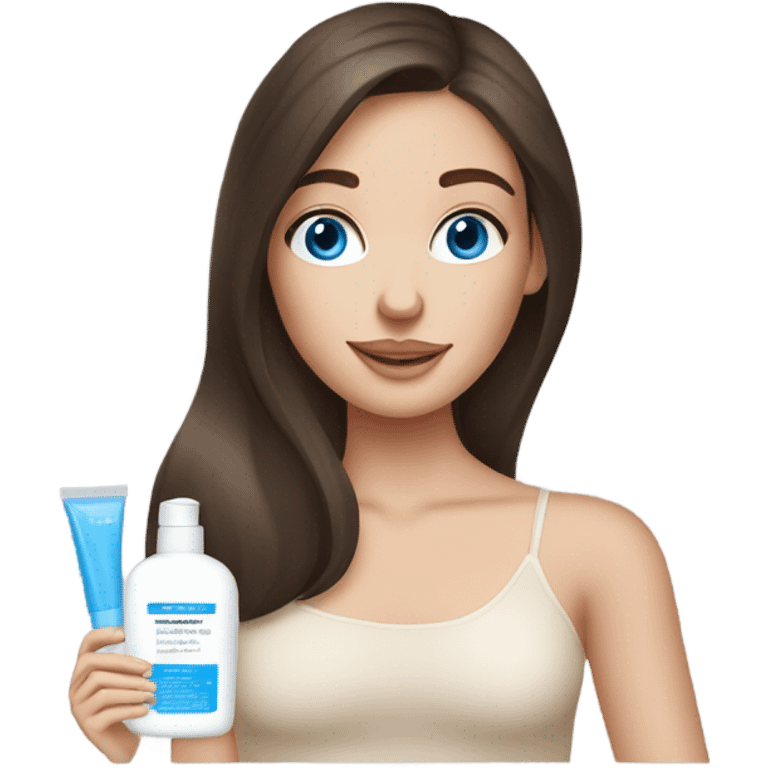 White Skin care on white freackles skin of a brunett blue eyed girl using skin care products  emoji