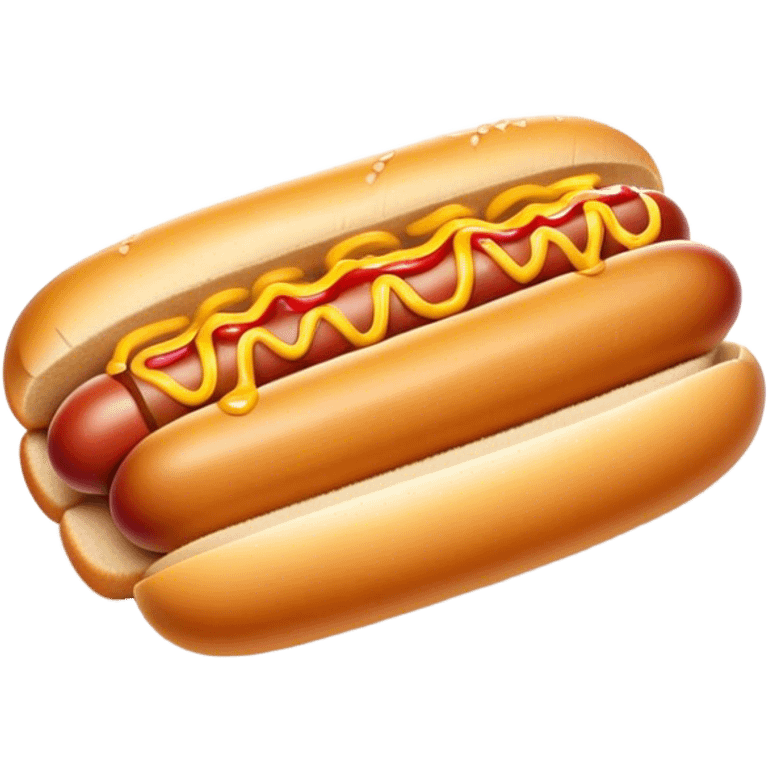 Cinematic classic hot dog, nestled in a soft toasted bun, drizzled with mustard and ketchup, juicy and flavorful, warm golden tones, ultra-detailed and mouthwatering. emoji