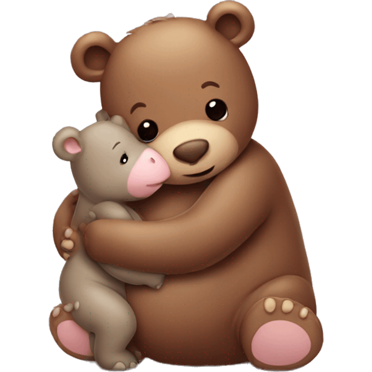 brown teddy bear hugging a baby hippo emoji