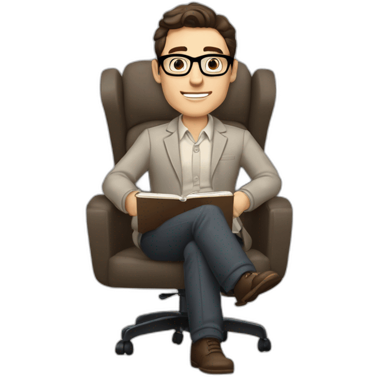 Pale skinned Fit Man With dark brown hair in gray jacket, beige office shirt and vintage glasses sitting In a soft chair with a notebook with emblem Ψ and a pen in his hands emoji