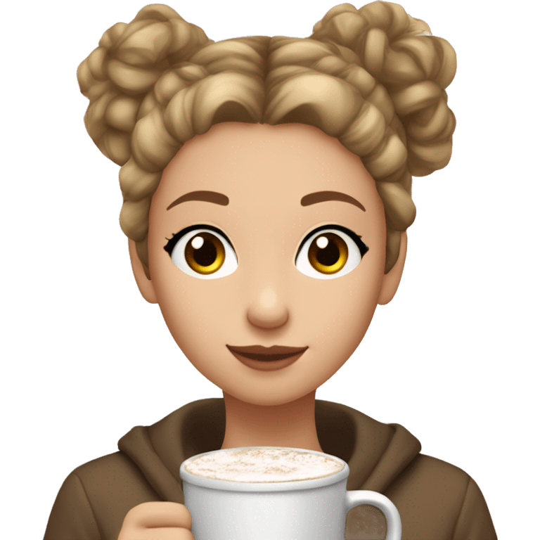 Create a teen girl with light brown hair drinking a hot chocolate with her hair in a high messy bun please  emoji