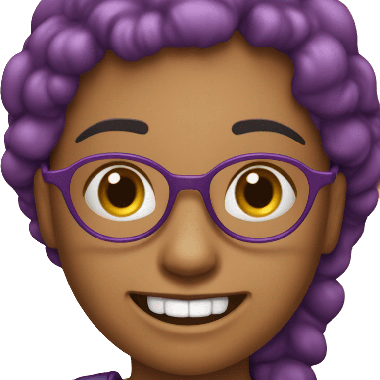 Mulher cabelos curtos despojados de cor ruiva sorrindo mostrando os dentes e de óculos redondo roxo. emoji