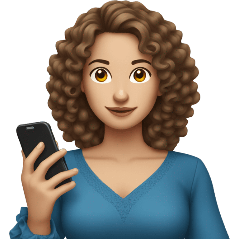 Spain woman content creator with long curly brown hair in blue dress and with smartphone  emoji