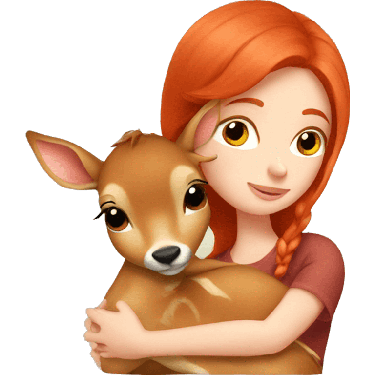 A red hair Girl cuddle a little fawn emoji