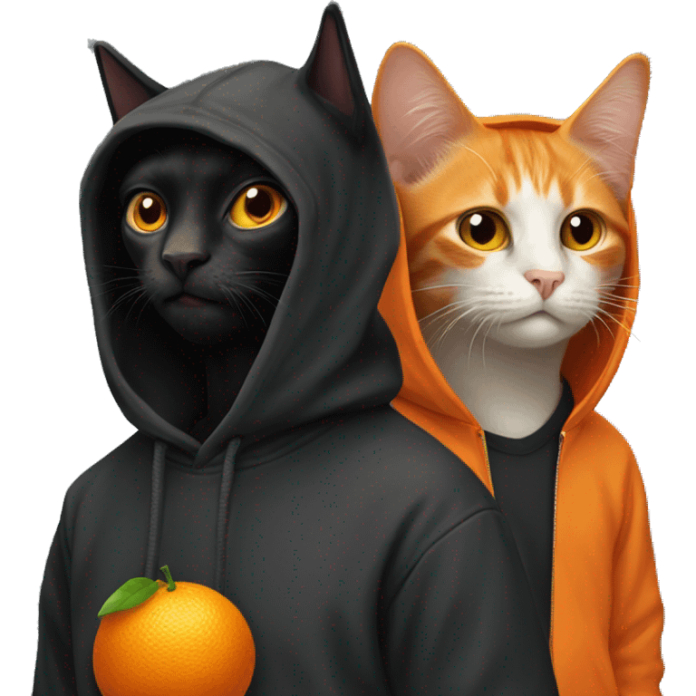 orange cat and a black cat wearing a hoodie emoji