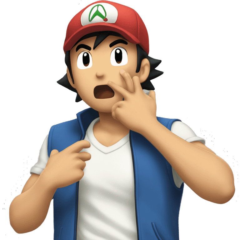  scene where a ash ketchum  puts his hands on his mouth, gesturing for silence with a 'shhhh.' What's happening around him? What might he be trying to convey or hide with that gesture emoji