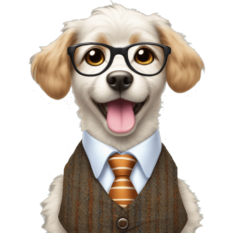 
The dog is small and fluffy, wearing a tweed vest, striped tie, and round glasses, giving it a playful, intelligent look. Its bright eyes and joyful expression, with its tongue sticking out, add to its cheerful charm emoji