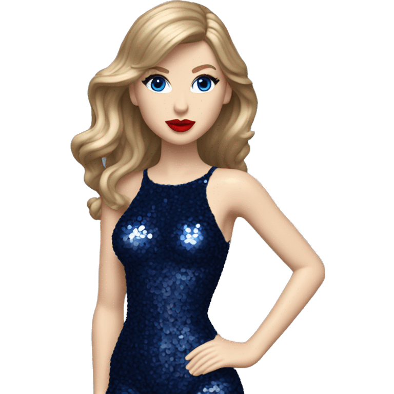 Realistic Taylor swift wearing navy blue glittery sequin bodysuit and dark blonde long hair with red lipstick and blue eyes  emoji