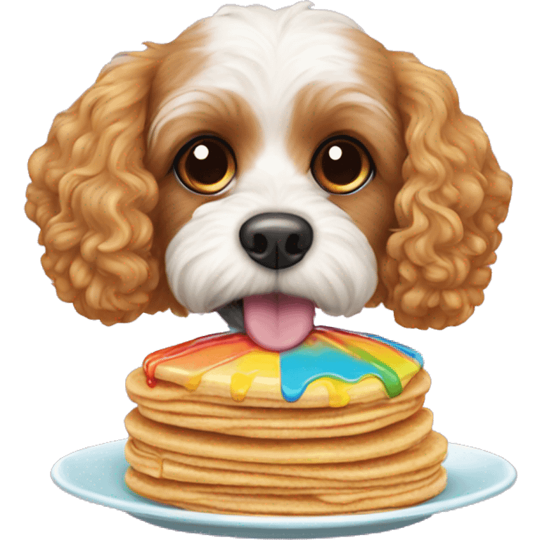 Cavapoo dog eating rainbow pancakes emoji