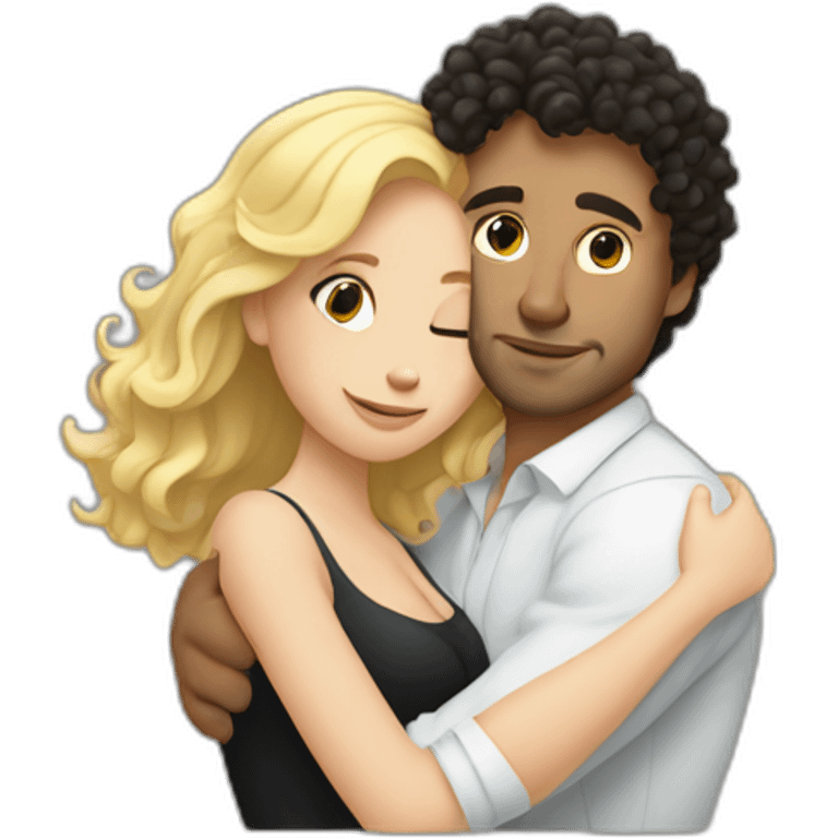 White man with dark curly hair hugging a blonde curvy woman emoji