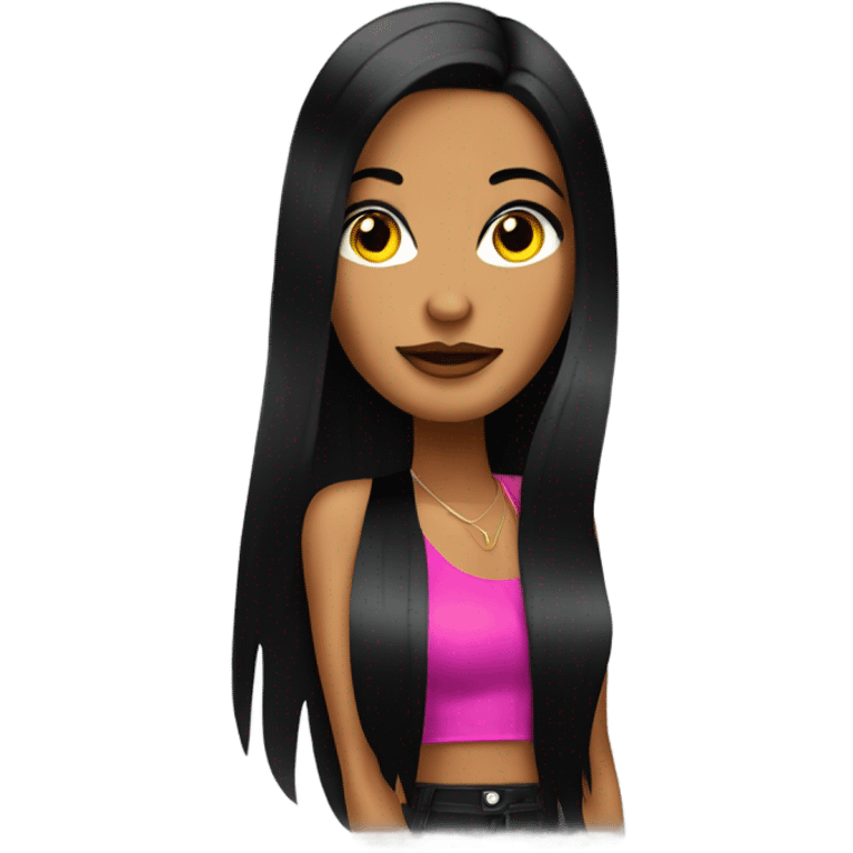 Tanned woman with long black hair dressed in Y2K R&B hair, makeup, and neon attire emoji